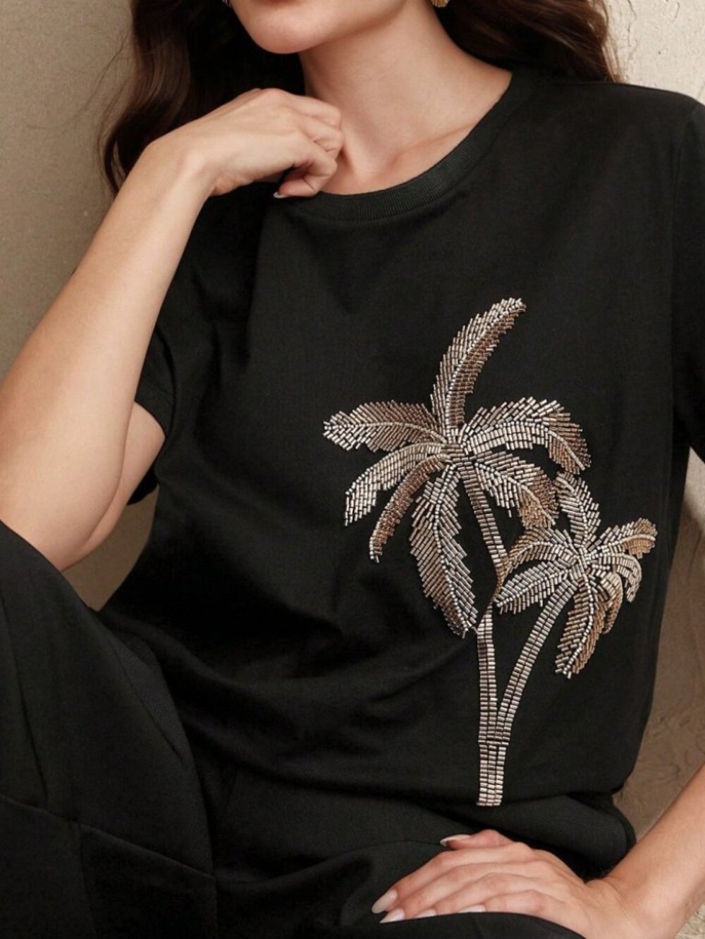 Black Scoop Neck Tee with Gold Palm Tree Embellishment